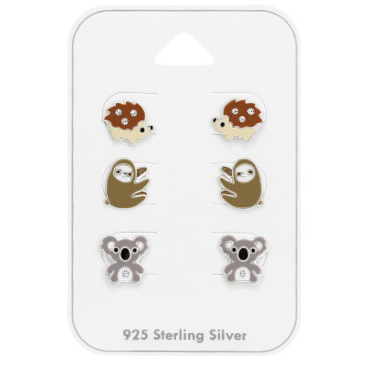 Hedgehog, Sloth and Koala Children's Sterling Silver Set and Jewelry on Card with Crystal and Epoxy