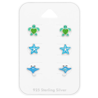 Children's Silver Sea Life Ear Studs Set on Card with Epoxy