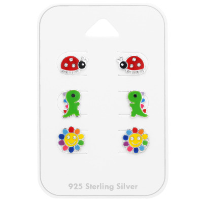 Children's Silver Animals and Flower Ear Studs Set on Card with Crystal and Epoxy