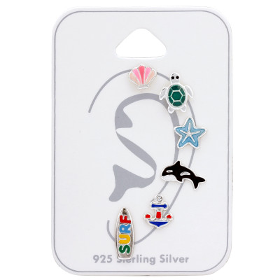 Children's Silver Beach Ear Studs Set on Card with Crystal and Epoxy