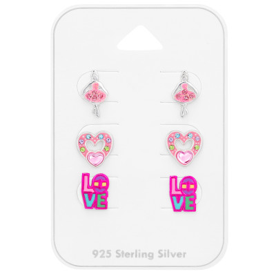 Children's Silver Valentine's Ear Studs Set on Card with with Crystal and Epoxy