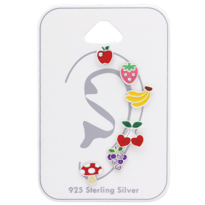 Children's Silver Ear Studs Fruit Set on Card with Crystal and Epoxy