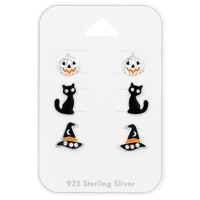 Children's Silver Halloween Ear Studs Set on Card with Crystal and Epoxy