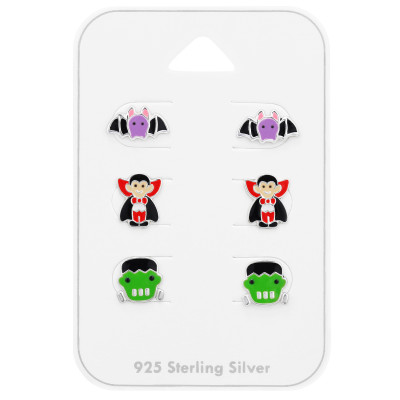 Children's Silver Halloween Ear Studs Set on Card with Epoxy