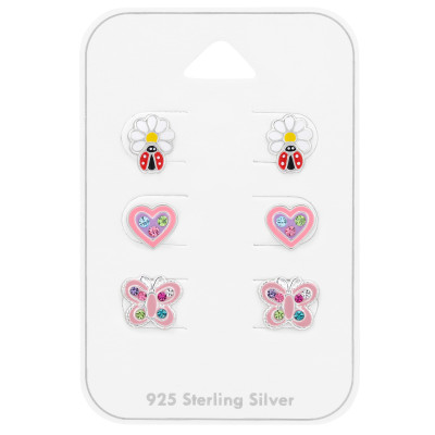 Children's Silver Insects Ear Studs Set on Card with Crystal and Epoxy