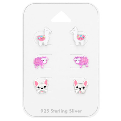 Children's Silver Animals Ear Studs Set on Card with Crystal and Epoxy