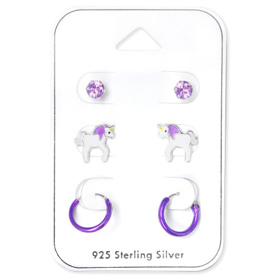 Unicorn Children's Sterling Silver Set and Jewelry on Card with Crystal and Epoxy