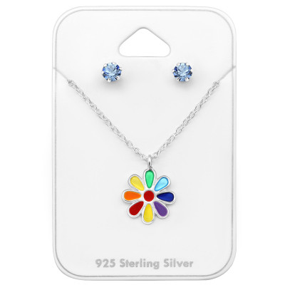 Flower Children's Sterling Silver Set and Jewelry on Card with Crystal and Epoxy