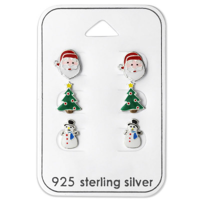 Silver Christmas Ear Studs Set with Epoxy on Card