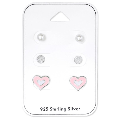 Silver Heart Ear Studs Set with Glass Pearl and Epoxy on Card