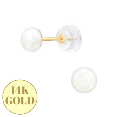 4mm Cup 14k Solid Gold Ear Studs with 5mm Fresh Water Pearl