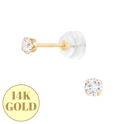 3mm Snap-in 14k Solid Gold Ear Studs with Round 3A Grade Cubic Zirconia