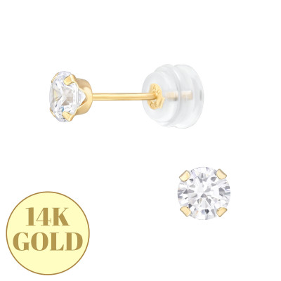 4mm Snap-in 14k Solid Gold Ear Studs with Round 3A Grade Cubic Zirconia