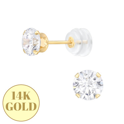 5mm Snap-in 14k Solid Gold Ear Studs with Round 3A Grade Cubic Zirconia