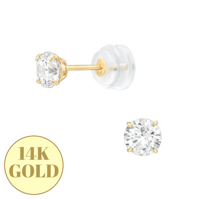 4mm 4 Prong 14k Solid Gold Ear Studs with Round 7A Grade Cubic Zirconia