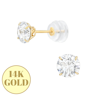 5mm 4 Prong 14k Solid Gold Ear Studs with Round 7A Grade Cubic Zirconia