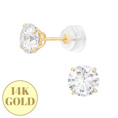 6mm 4 Prong 14k Solid Gold Ear Studs with Round 7A Grade Cubic Zirconia