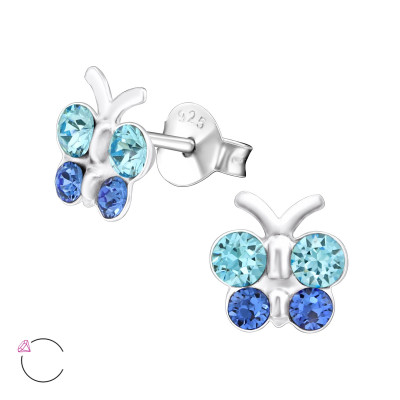 Children's Silver Butterfly Ear Studs with Genuine European Crystals