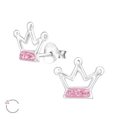 Children's Silver Crown Ear Studs with Genuine European Crystals