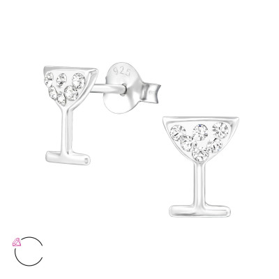 Children's Silver Cocktail Glass Ear Studs with Genuine European Crystals