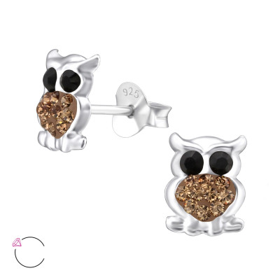 Children's Silver Owl Ear Studs with Genuine European Crystals