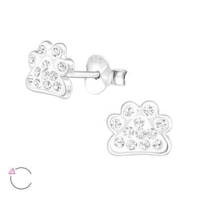 Children's Silver Paw Print Ear Studs with Genuine European Crystals