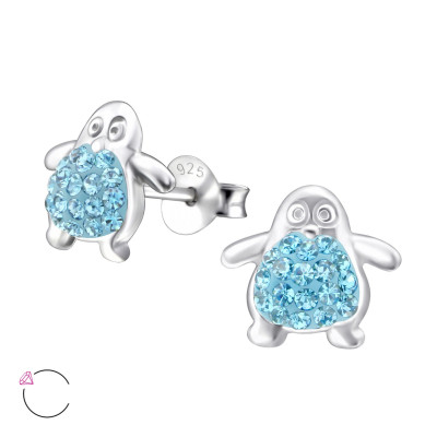 Children's Silver Penguin Ear Studs with Genuine European Crystals