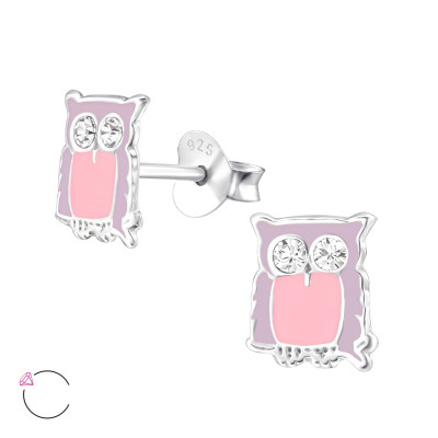 Children's Silver Owl Ear Studs with Epoxy and Genuine European Crystals