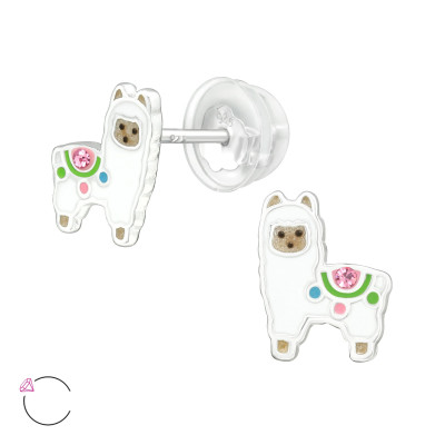 Premium Children's Silver Alpaca Ear Studs with Genuine European Crystals