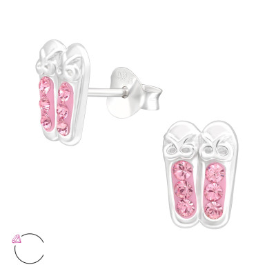 Children's Silver Ballerina Shoes Ear Studs with Crystal