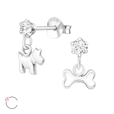 Children's Silver Ear Studs Hanging Dog and Bone with Genuine European Crystals