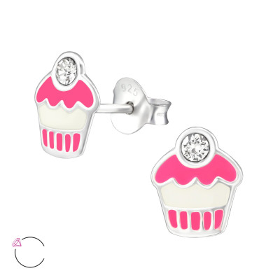 Children's Silver Cupcake Ear Studs with Genuine European Crystals