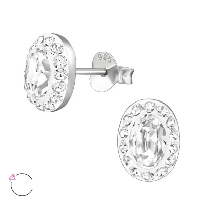 Silver Oval Ear Studs with Genuine European Crystals