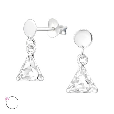 Silver Circle Ear Studs with Hanging Triangle and Genuine European Crystals