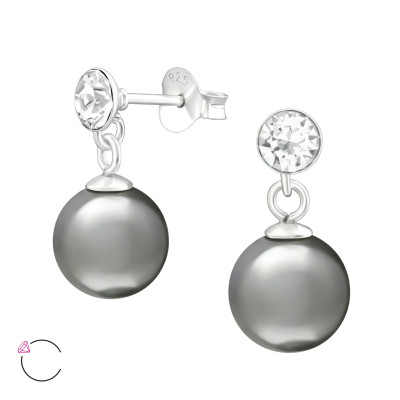 Silver Round Ear Studs with Hanging Pearl and Genuine European Crystal