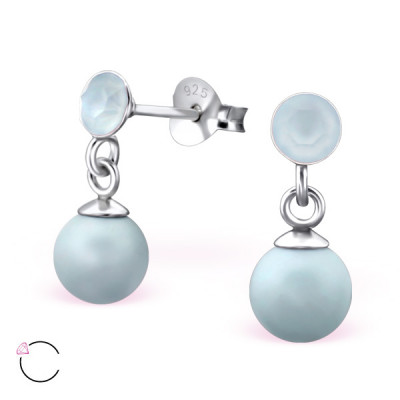 Silver Round Ear Studs with Crystals and Genuine European Pearl