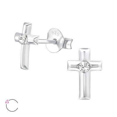 Silver Cross Ear Studs with Genuine European Crystals