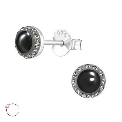 Silver Round Ear Studs with Pearl and Genuine European Crystals