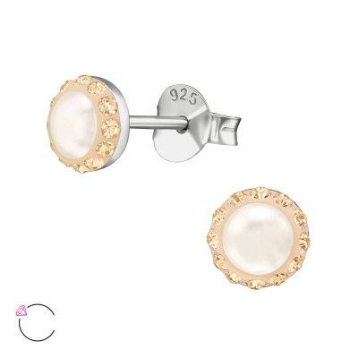 Silver Round Ear Studs with Pearl and Genuine European Crystals