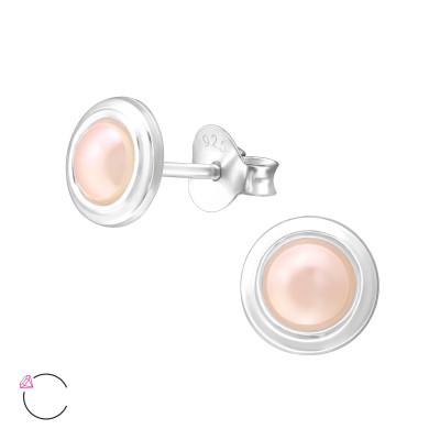 Silver Round Ear Studs with Pearl and Genuine European Crystals