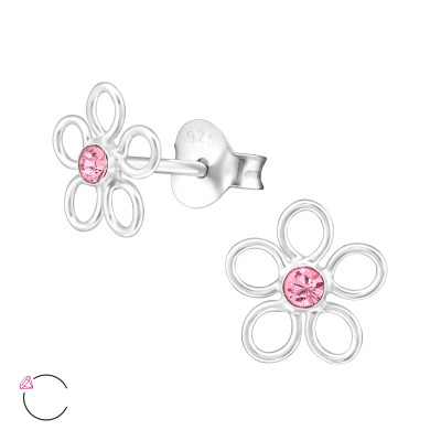 Silver Flower Ear Studs with Genuine European Crystals