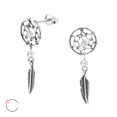 Silver Dreamcatcher Ear Studs with Hanging Feather and Genuine European Crystals