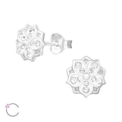 Silver Flower Ear Studs with Genuine European Crystals