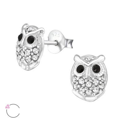 Silver Owl Ear Studs with Genuine European Crystals