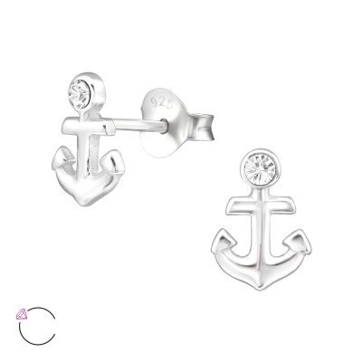 Silver Anchor Ear Studs with Genuine European Crystals