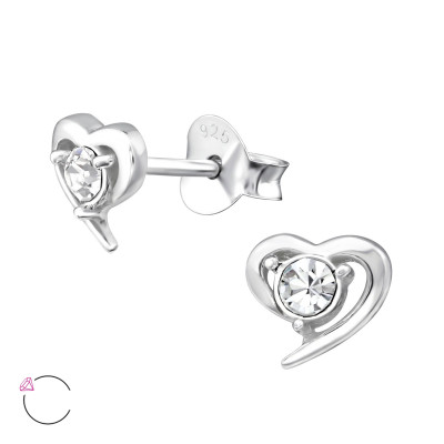 Silver Heart Ear Studs with Genuine European Crystals