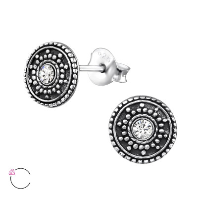 Silver Round Antique Ear Studs with Genuine European Crystals