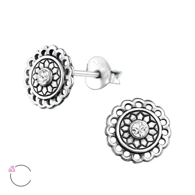 Silver Round Bali Ear Studs with Crystals