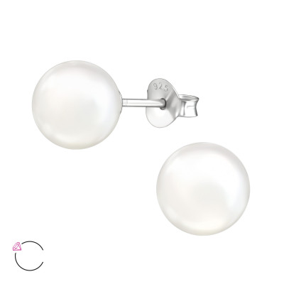 Silver Round 8mm Ear Studs with Genuine European Pearl