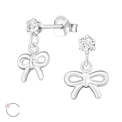 Silver Ear Studs with Hanging Bow and Genuine European Crystals